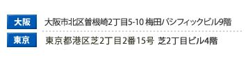 大阪事務所：大阪市北区梅田二丁目4-9 ブリーゼタワー25F　東京事務所：東京都港区芝2丁目2番15号